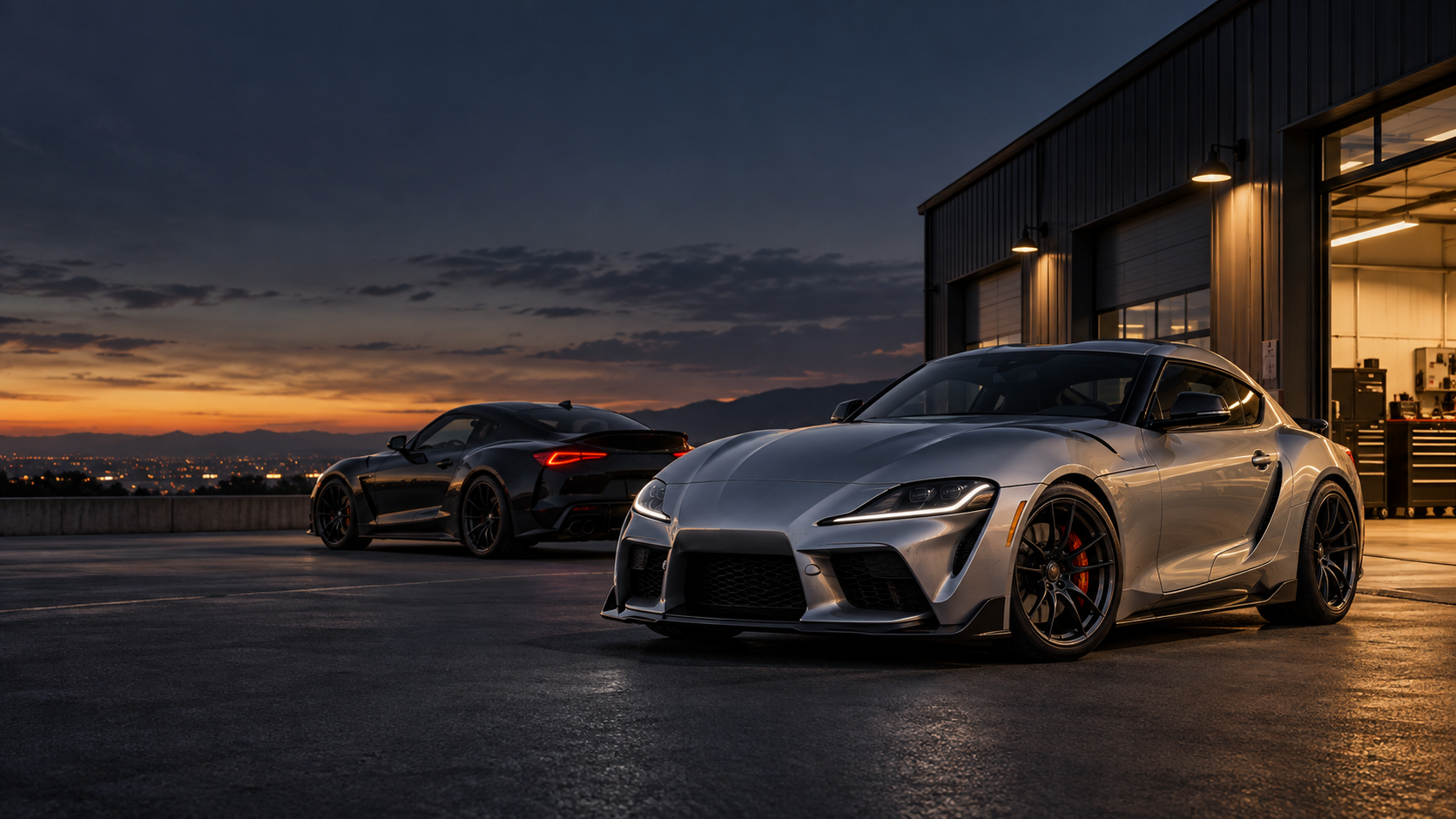 Modified cars parked together outside a garage at dusk